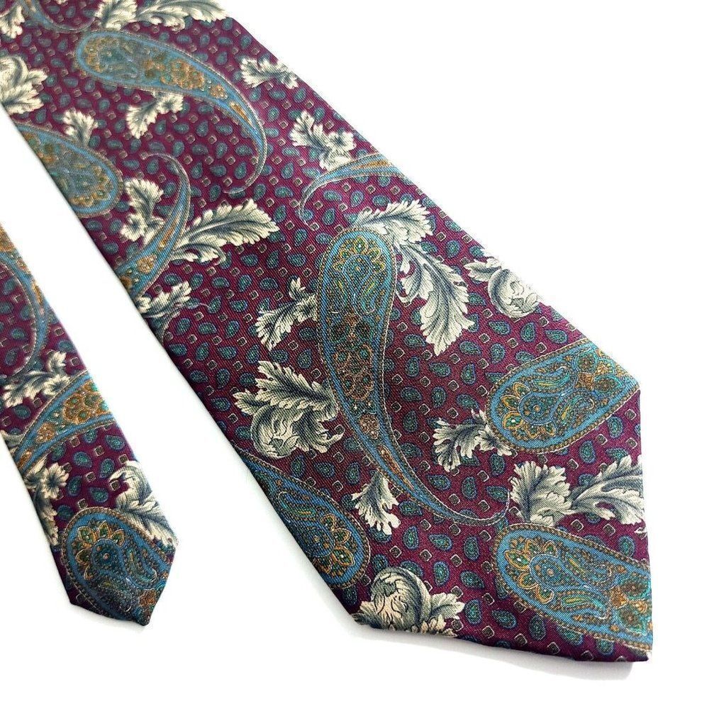 Croft & Barrow Red Teal‎ Tan Baroque Paisley Floral Print Short Silk Tie
